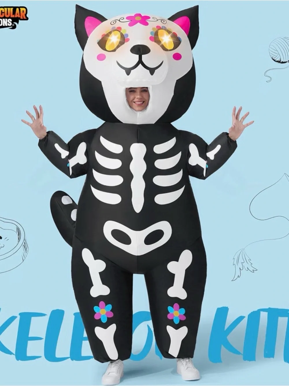Skeleton Cat Blow Inflatable Kids Costumes , Child Size 7-10, Inflatable Costume